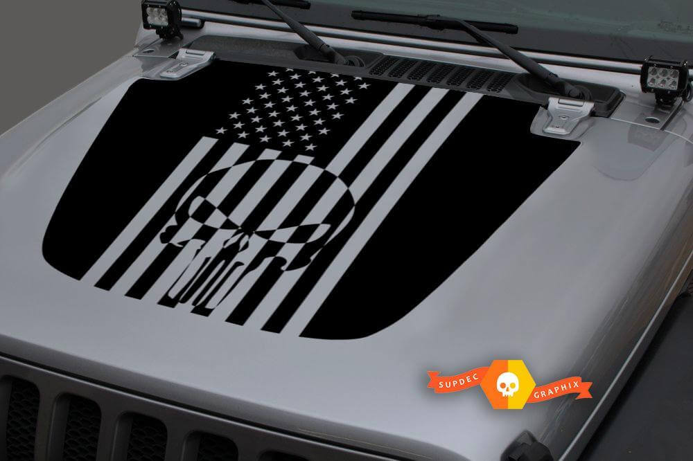 Jeep 2018-2021 Gladiator JT Wrangler JL JLU Hood  Punisher Skull USA flag Vinyl Decal Sticker Graphic
