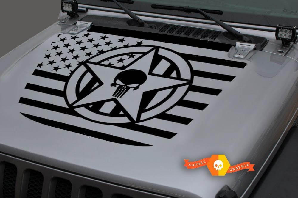 Skull Military Star USA Flag Hood Vinyl Decal for Jeep Wrangler JL JLU & Gladiator JT 