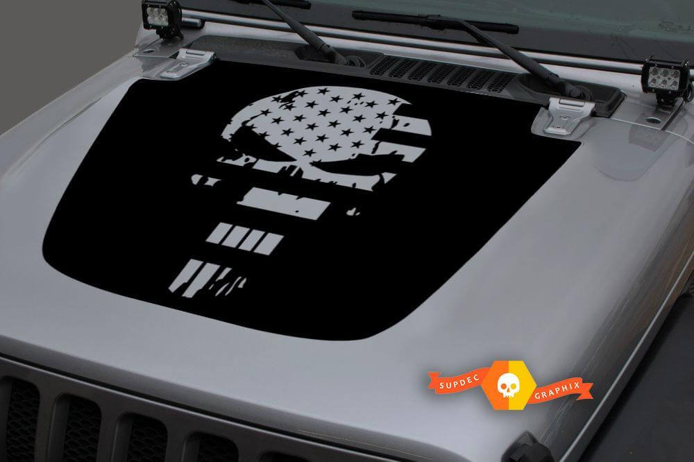 Punisher-Style USA Flag Skull Hood Vinyl Decal for Jeep Wrangler Gladiator