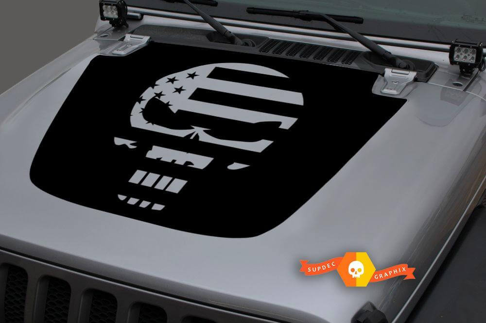 Punisher Skull US Flag Hood Vinyl Decal for Jeep Wrangler JL JLU and Gladiator JT