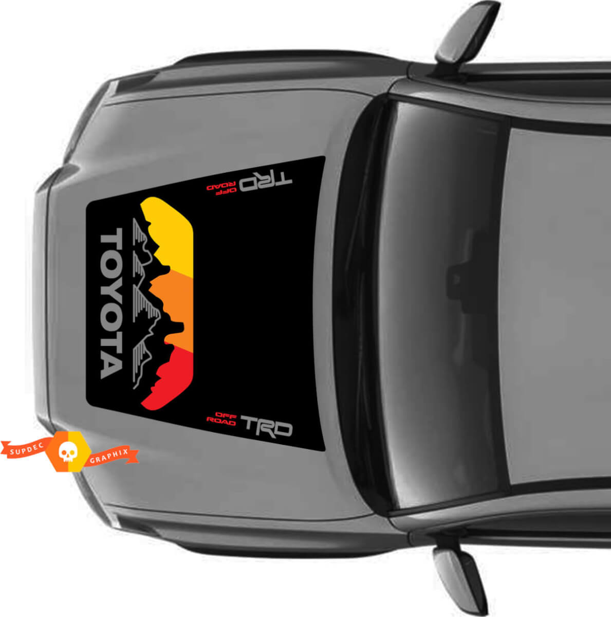 Huge TRD Off Road Vintage Sunset Retro Old Style NO SCOOP! Mountains Forest Hood Vinyl Stickers Decal fit to Toyota Tacoma 2016 - 2021 models
