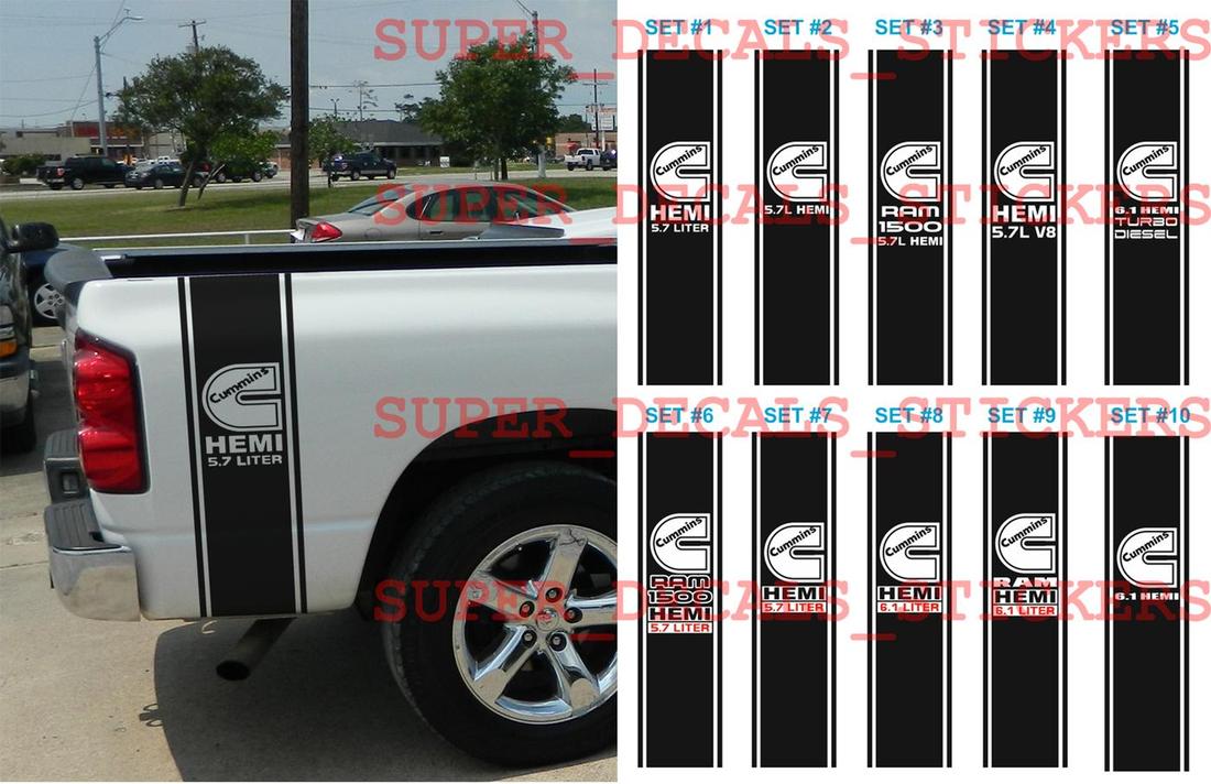 Dodge Ram 1500 Cummins HEMI 5.7 6.1 L Liter Truck HUGE 2 BEDSTRIPE STRIPE KIT Vinyl Decal Sticker 1 of 10 sets