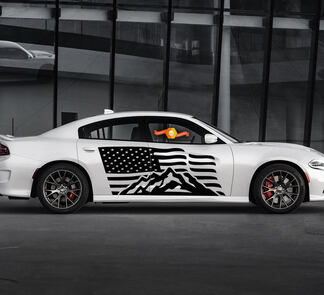 2 Side Dodge Charger USA Flag Mountains Door Side Vinyl Decals Graphics Sticker
