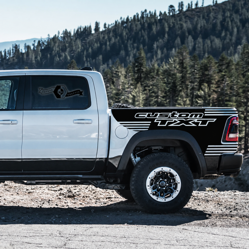 custom TXT Outline Strobe Pair Bedside Vinyl Decal Sticker for RAM 1500 Rebel, TRX 2021-2026