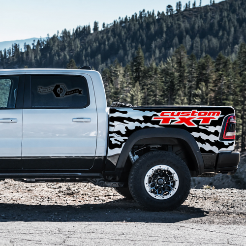 custom TXT Two Color Splatter Pair Bedside Vinyl Decal Sticker for RAM 1500 Rebel, TRX 2021-2026