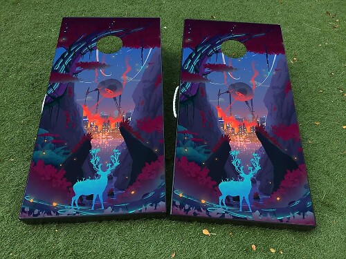 Abstract Sci-Fi Forest Cornhole Board Vinyl Wrap Decal Set