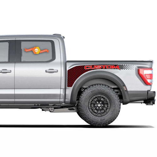 CUSTOM Red Mesh Bedside Graphic Vinyl Decal Pair for Ford F-150 Raptor 2022
