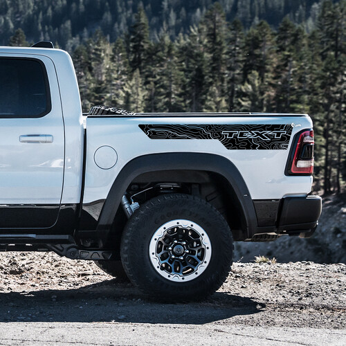 Topographic Stripe Custom Text Bedside Vinyl Decal Sticker for RAM 1500 Rebel, TRX 2019-2026_1
