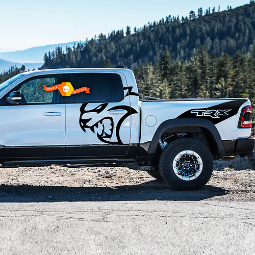 Pair Dodge Ram TRX Hellcat 2021+ Splash Ram Head Doors Bed Logo Truck Vinyl Sticker Decal bed Graphic

