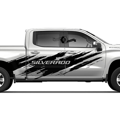 Pair Chevrolet Silverado 2022+ 2023 Side Doors Bed Splash Wrap Destroyed Logo Stripe Vinyl Decal Sticker

