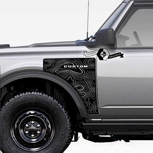 Custom Block Lettering Contour Map Front Fender Vinyl Decal Pair for Musclecar horse Badlands