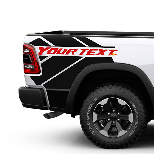 YOUR TEXT Angular Bed Sweep Pair Bedside Vinyl Decal Sticker for Dodge Ram 1500