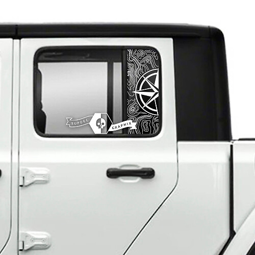 Pair of Jeep Gladiator Side Door Window Compass Topographic Map Stickers Decals Vinyl Graphics Stripe
