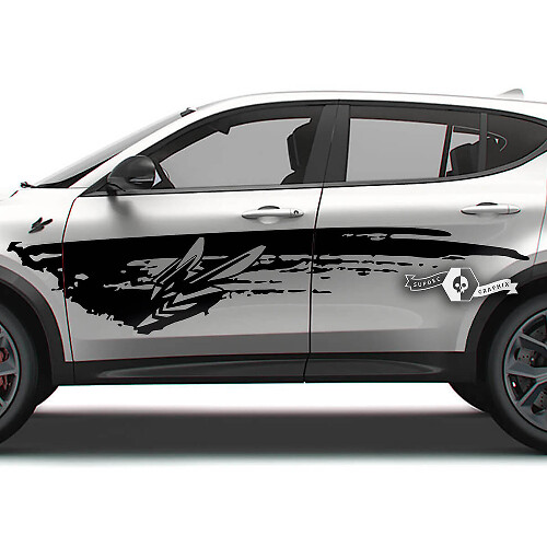 Pair Dodge Hornet Doors Side Stripes Wrap Mud Logo Dazzle Paint Destroyed Vinyl Decals Stickers
