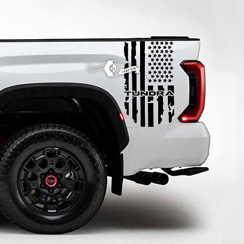 Pair Toyota Tundra Bed Side Rear Fender Destroyed Grange USA Flag Logo Stripes Vinyl Stickers Decal
