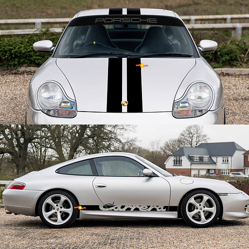 Porsche 911 Carrera Dual Central Stripes Retro Hood Side Windshield Decal Sticker Kit
