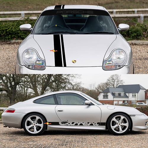 Porsche 911 Carrera Dual Central Stripes Retro Hood Side Windshield Decal Sticker Kit
