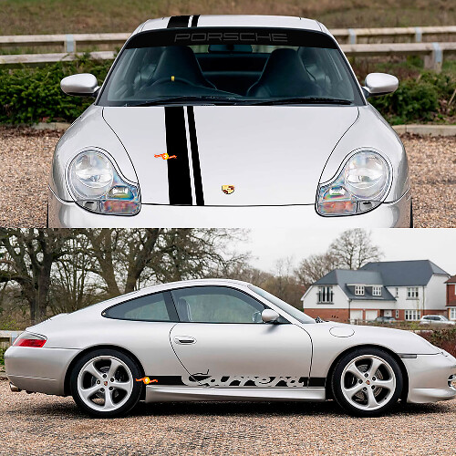Porsche 911 Carrera Dual Central Stripes Retro Hood Side Windshield Decal Sticker Kit
