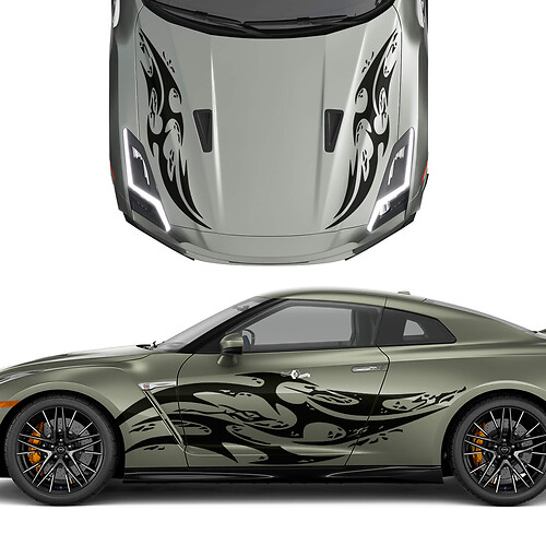 Hood and Sides Dual Tribal Tattoo Graphics Stripes Decal Kit for Nissan GT-R
