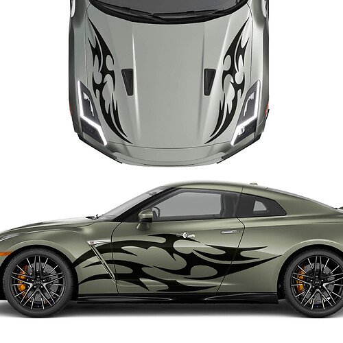 Hood and Sides Dual Tribal Tattoo Graphics Stripes Decal Kit for Nissan GT-R
