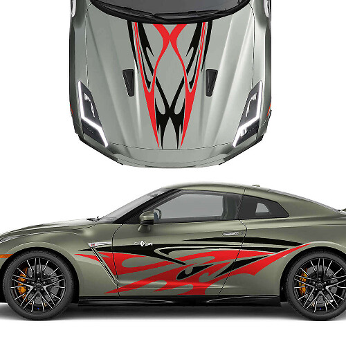 Hood and Sides Dual Tribal Tattoo Graphics Stripes Decal Kit 3 for Nissan GT-R