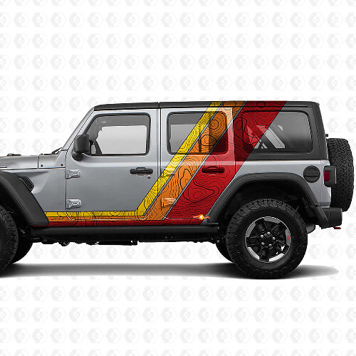Retro Topographic Map Side and Hood Stripes Vinyl Decal Kit for Jeep Wrangler 