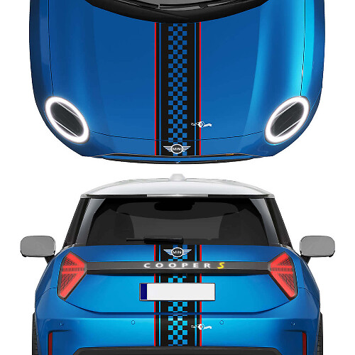 Hood and Rear Checkered stripes Mini Cooper Vinyl graphics decal Sticker for Mini Cooper S
