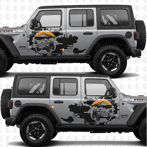 Autocollant en vinyle Sunset Splash Overland Mountains pour portes latérales, compatible avec Jeep Wrangler