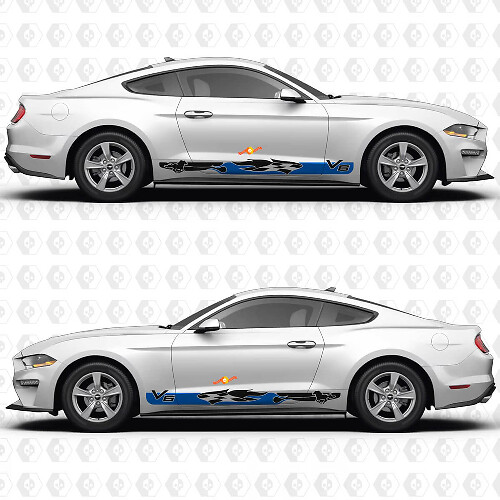 V6 Mustang Checkered Flag Inspired Side Door Rocker Panel Vinyl Decals Stickers for Ford Mustang