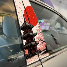 Japanese Temple Sunset Sakura Petals Pillar Doors Vinyl Decal Sticker 2