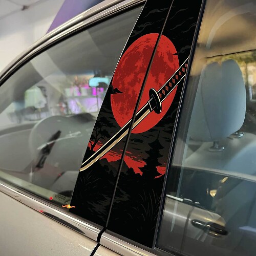 Dramatic Japanese Katana Red Moon Pillar Doors Vinyl Decal Sticker 1