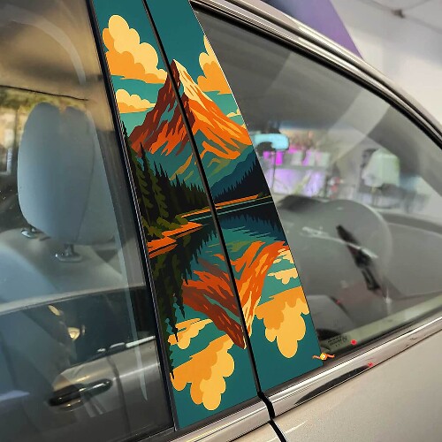 Retro-Style Mountain Lake Landscape Pillar Doors Vinyl Decal Sticker 1