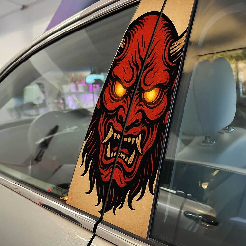 Japanese Mythology Oni Mask Glowing Eyes Pillar Doors Vinyl Decal Sticker 1