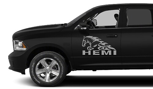 2X DODGE HEMI HORSE IN FLAME DECAL HEMI 3.7 V8 RAM 1500 graphics vinyl stickers