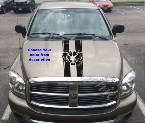 Truck car vinyl decal, racing stripe sticker hood  Dodge Ram  logo (both sides)