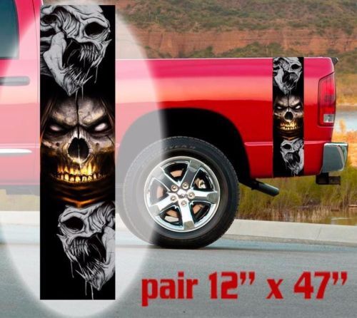 Three Skulls Stripes Bedside Vinyl Decal Kit for Dodge Toyota Chevy GMC Trucks