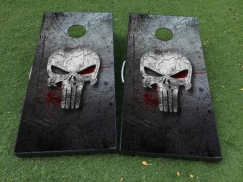 Punisher-Style Skull Cornhole Board Vinyl Wrap Decal Set