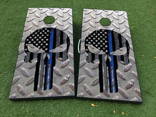 Punisher-Style USA Flag Thin Blue Line Steel Cornhole Board Wrap Decal Set