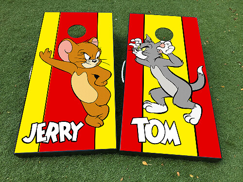 Tom and Jerry Cartoon Cornhole Board Vinyl Wrap Decal Set with Matte Laminate