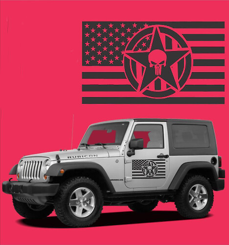 USA Flag Punisher Skull Star Door Vinyl Decals Kit for Jeep Wrangler