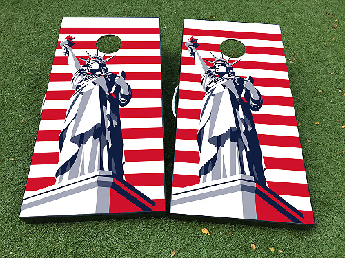 Statue of Liberty American Flag Stripes Cornhole Board Wrap Decal Set