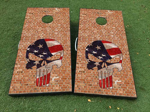 Brick Wall Punisher-Style USA Flag Skull Cornhole Board Vinyl Wrap Decal Set