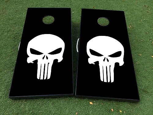 Black and White Punisher-Style Skull Cornhole Board Vinyl Wrap Decal Set