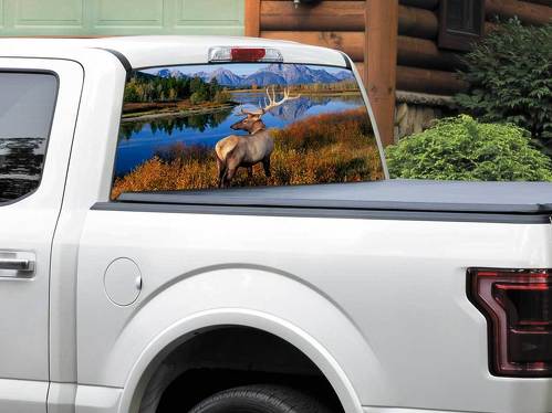 Deer mountains river US landscape nature Rear Window Decal Sticker Pick-up Truck SUV Car any size