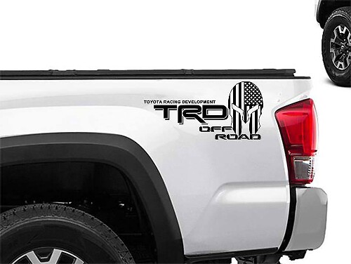 TRD Off Road Spartan Helmet US Flag Bedside Vinyl Decals for Toyota Truck
