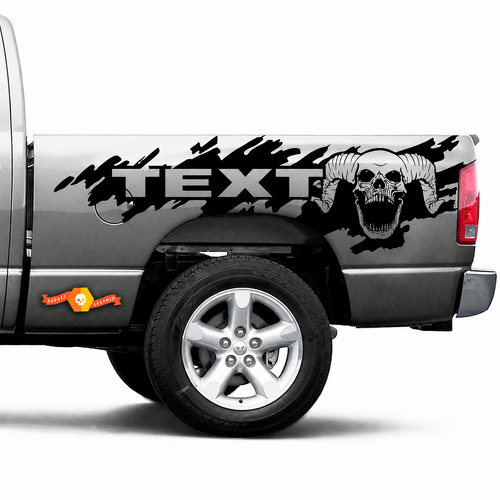 Horned Skull Custom Text Mud Splash Bedside Vinyl Decal Sticker for Dodge Ram 2500