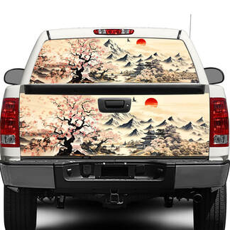 Traditional Japanese Sumie Painting Sakura Rear Window or Tailgate Decal Sticker Pick-up Truck SUV Car
