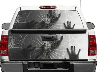 Hands Behind Broken Glass Rear Window OR tailgate Decal Sticker Pick-up Truck SUV Car