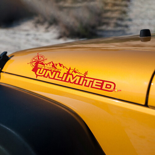 Pair Jeep Wrangler Unlimited Vinyl Hood Stickers Decals mountain compas
