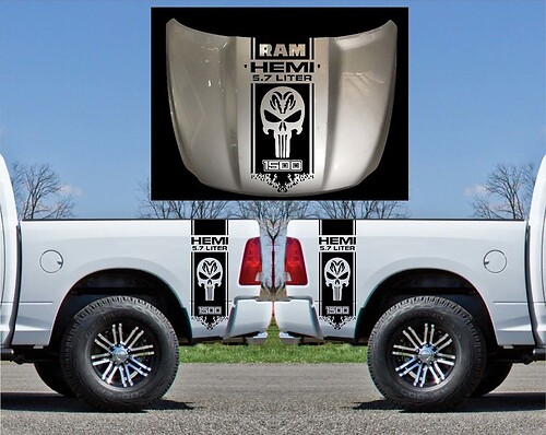 Punisher & Hemi Style Stripes Hood Bedside Vinyl Decal Sticker for Dodge Ram 1500